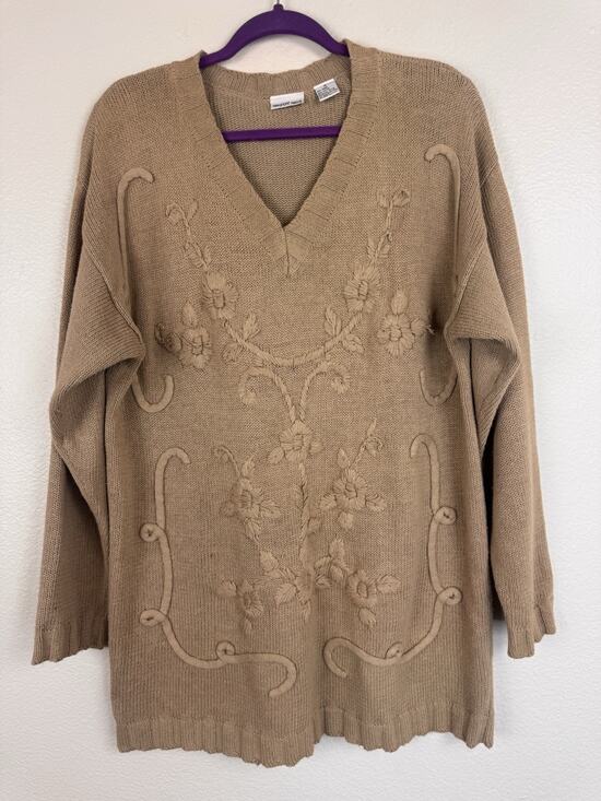 Newport News Sweaters - Vintage Newport News Embroidered 90s Mom Knit Tunic Sweater Cottagecore Tan M